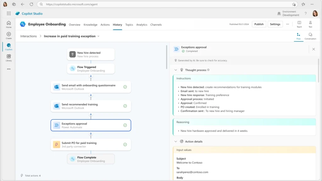 Workflow in Microsoft Copilot Studio for employee onboarding, showing steps and approval details for paid training.